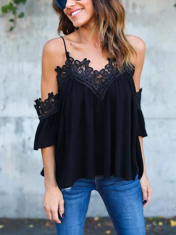 V-Neck Plain Crochet Lace Embellished Cut Out Half Sleeve Black Top