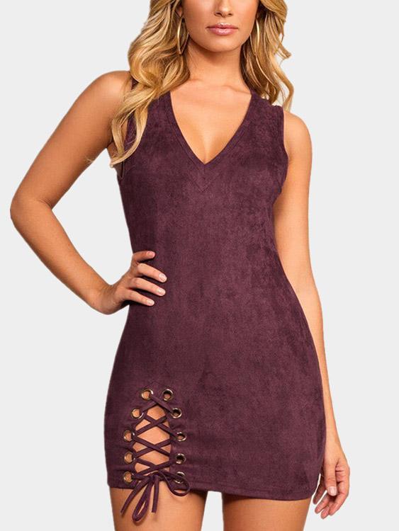 Burgundy V-Neck Sleeveless Zip Back Lace-Up High-Waisted Bodycon Hem Dress