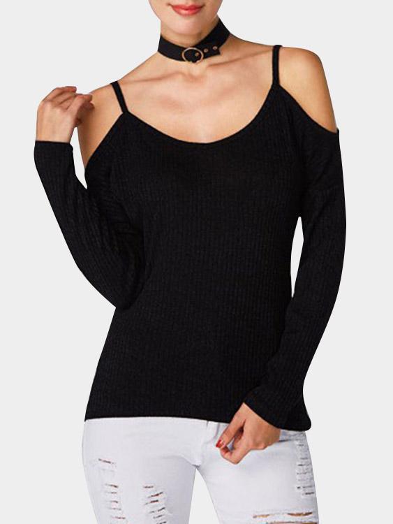 Spaghetti Cold Shoulder Long Sleeves T-Shirt