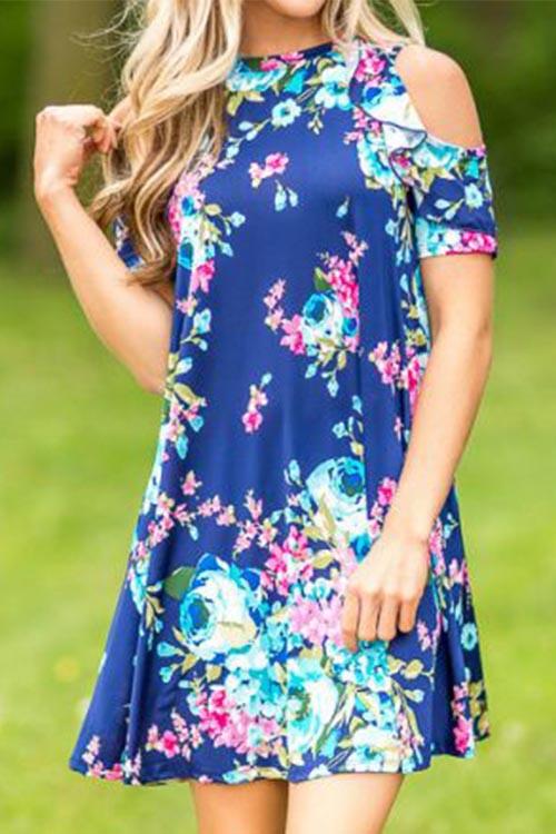 Blue Crew Neck Short Sleeve Floral Print Dresses