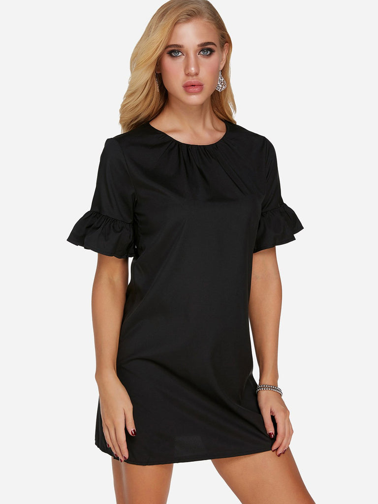 Black Round Neck Short Sleeve Plain Mini Dress