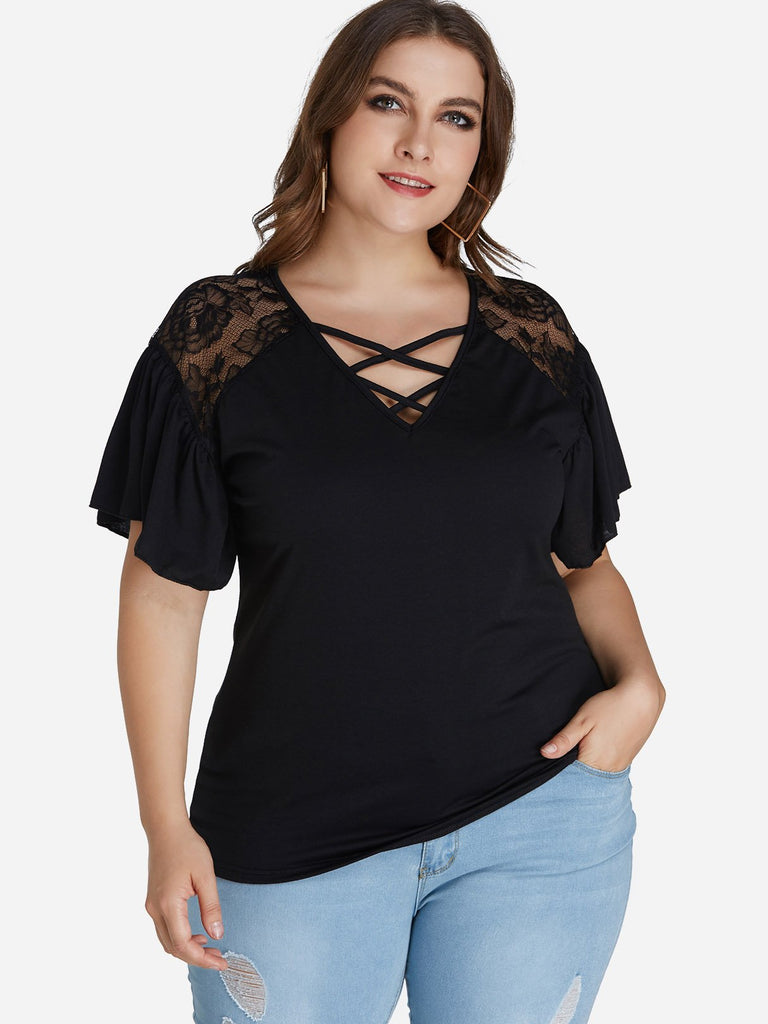 Round Neck Plain Short Sleeve Black Plus Size Tops