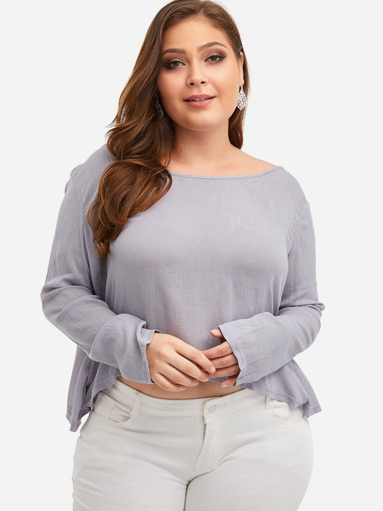 Round Neck Plain Self-Tie Criss-Cross Long Sleeve Grey Plus Size Tops