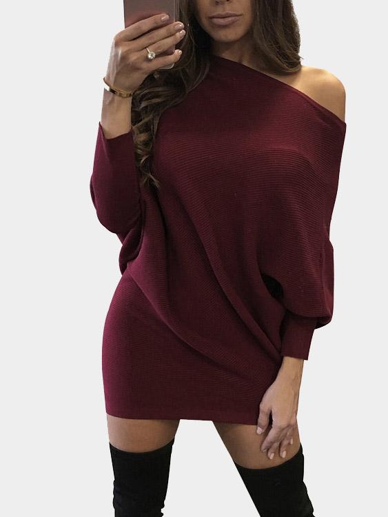 Burgundy Long Sleeve Plain Irregular Hem Mini Dresses