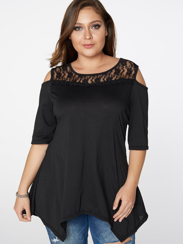 Scoop Neck Cold Shoulder Plain Lace Half Sleeve Irregular Hem Black Plus Size Tops