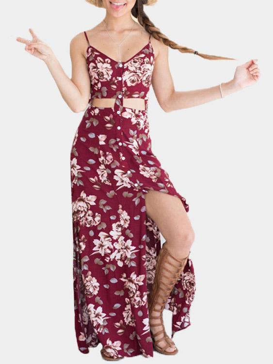 Burgundy V-Neck Sleeveless Floral Print Cut Out Slit Hem Dresses