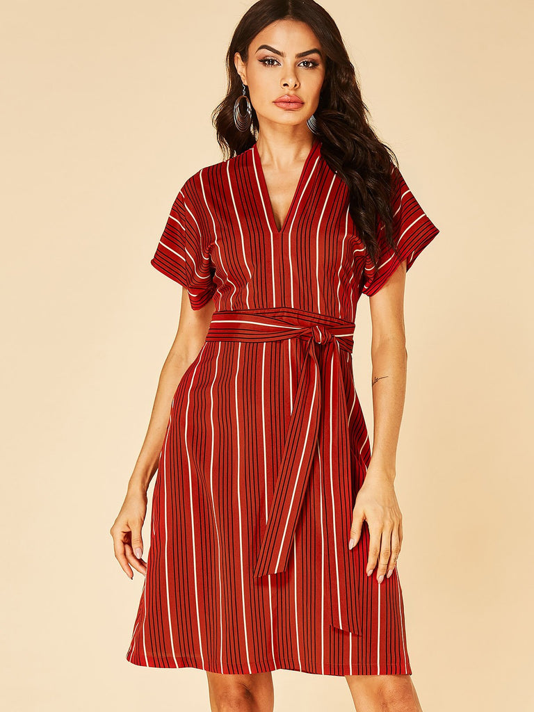 Red V-Neck Short Sleeve Stripe Self-Tie Dresses