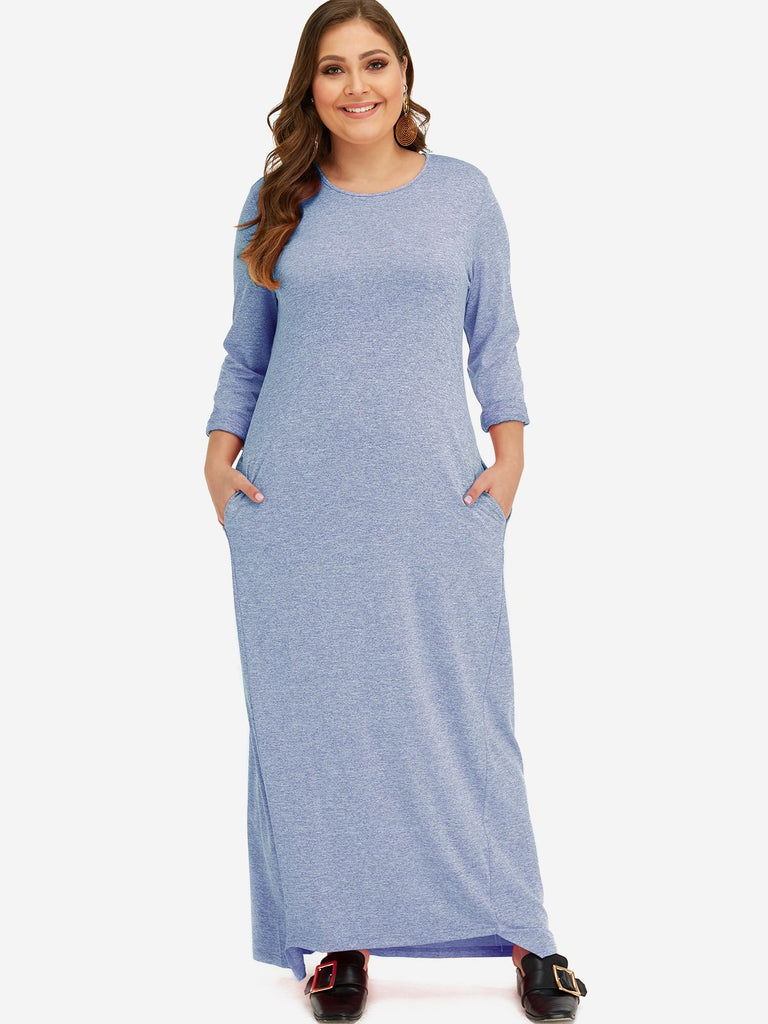 Round Neck Plain Long Sleeve Plus Size Dress