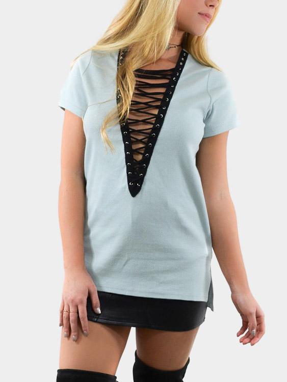 V-Neck Lace-Up Short Sleeve Green T-Shirts