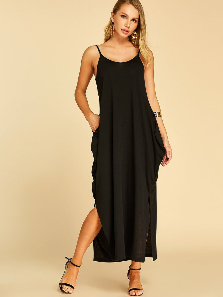 Black Round Neck Sleeveless Plain Side Pockets Slit Casual Dress