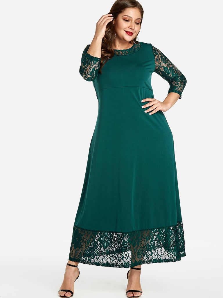 Lace Long Sleeve Round Neck Plain Plus Size Dress