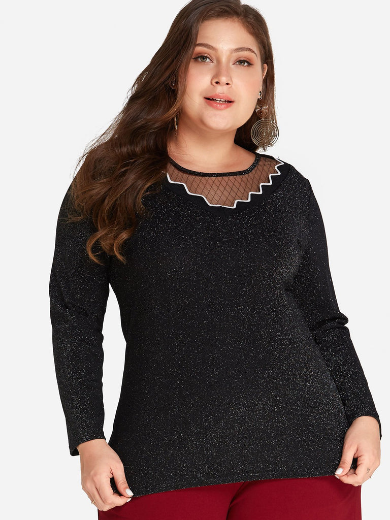 Round Neck Plain Long Sleeve Black Plus Size Tops