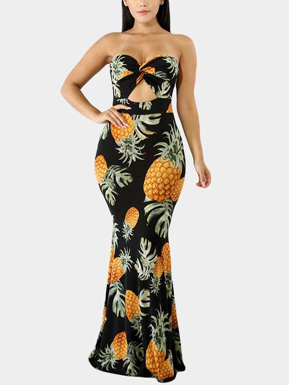 Black Tube Top Sleeveless Floral Print Zip Back Backless Cut Out Dresses