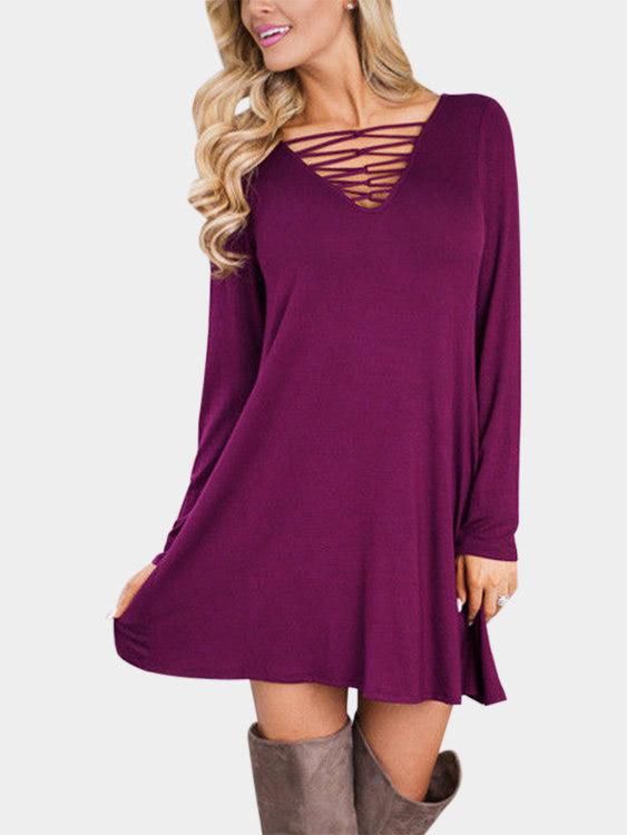 V-Neck Lace-Up Long Sleeve Purple Dress