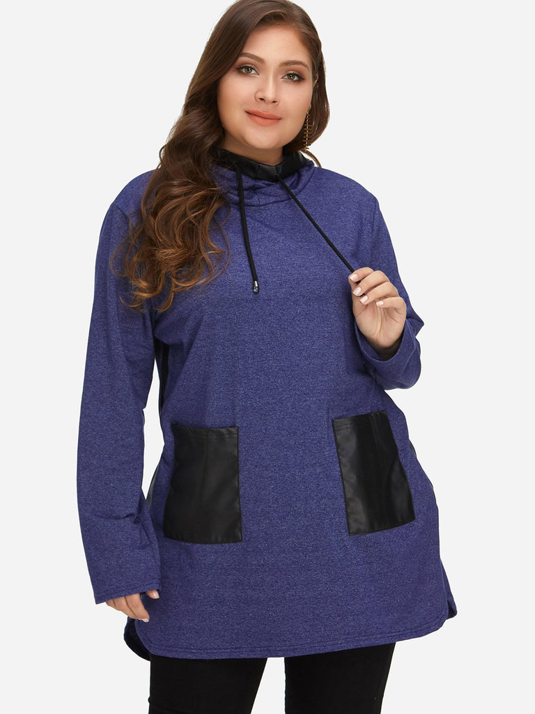 Two Large Pockets Hooded Long Sleeve Blue Plus Size Tops