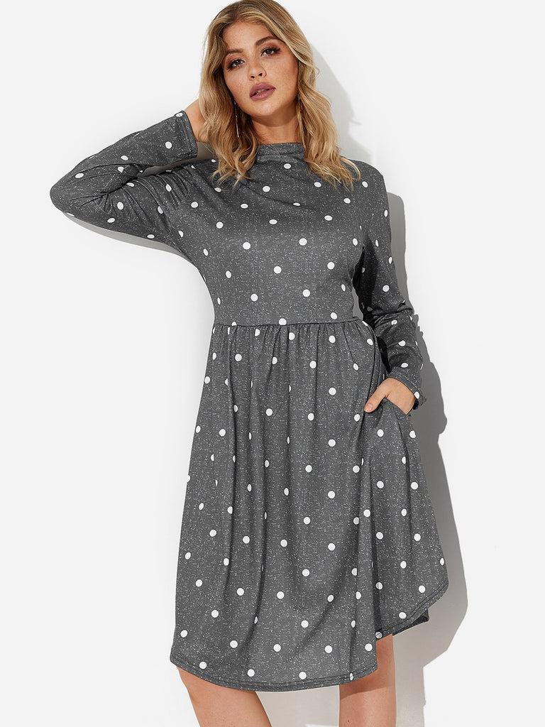 Grey Round Neck Long Sleeve Polka Dot Sexy Dress