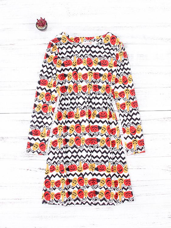 Red Round Neck Long Sleeve Wave Printed Casual Dresses
