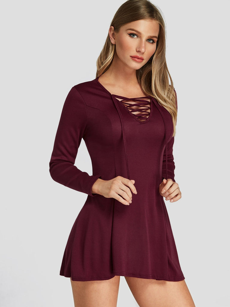 Burgundy V-Neck 3/4 Sleeve Length Criss-Cross Mini Dress