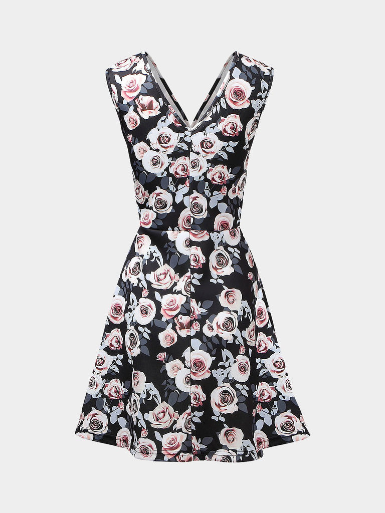 Sleeveless Floral Print V Neck Dresses