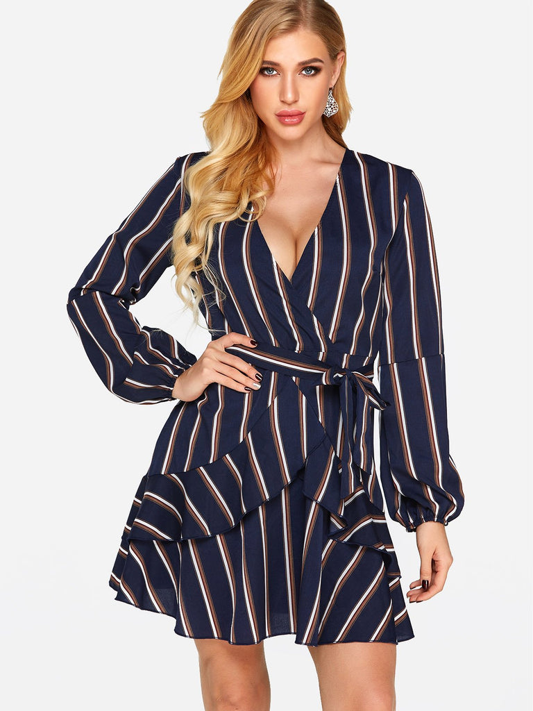 Navy Crossed Collar Deep V Neck Long Sleeve Stripe Belt Wrap Irregular Hem Sexy Dress