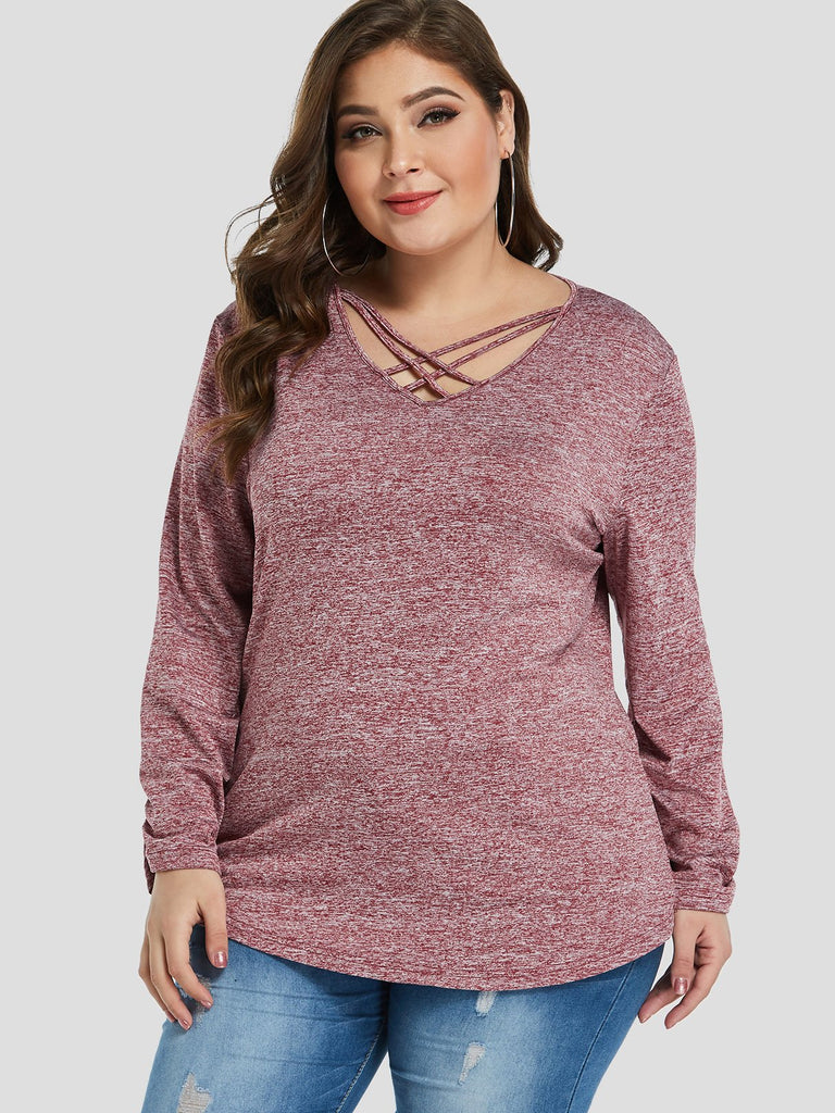 Plain Long Sleeve Curved Hem Pink Plus Size Tops