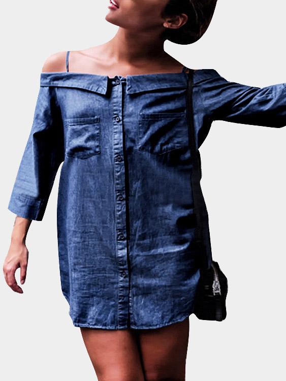 Blue Off The Shoulder 3/4 Length Sleeve Mini Dress