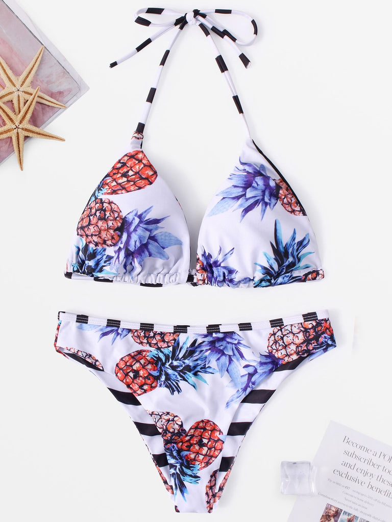 V-Neck Sleeveless Floral Print Tie-Up Bikinis