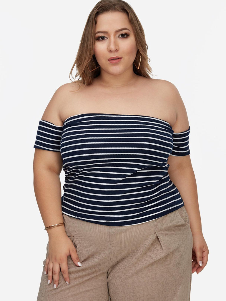 Off The Shoulder Stripe Short Sleeve Black Plus Size Tops