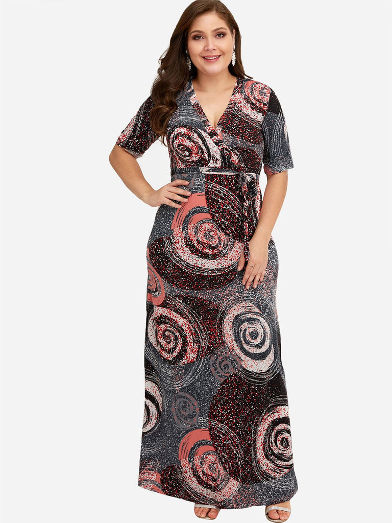 V-Neck Fantasy Colour Self-Tie Wrap Half Sleeve Plus Size Maxi Dresses