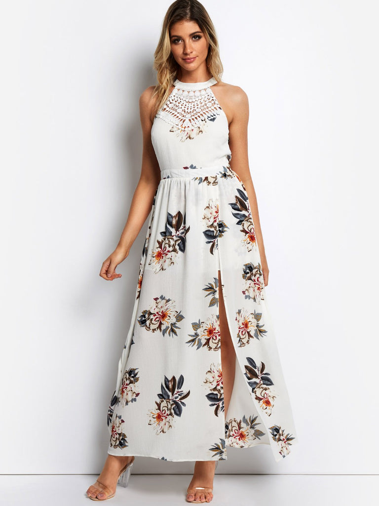 White Halter Sleeveless Floral Print Lace Slit Hem Dresses