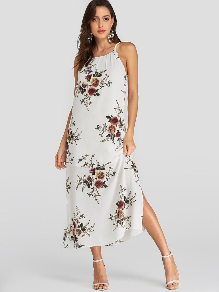 White Halter Sleeveless Floral Print Backless Slit Hem Dresses