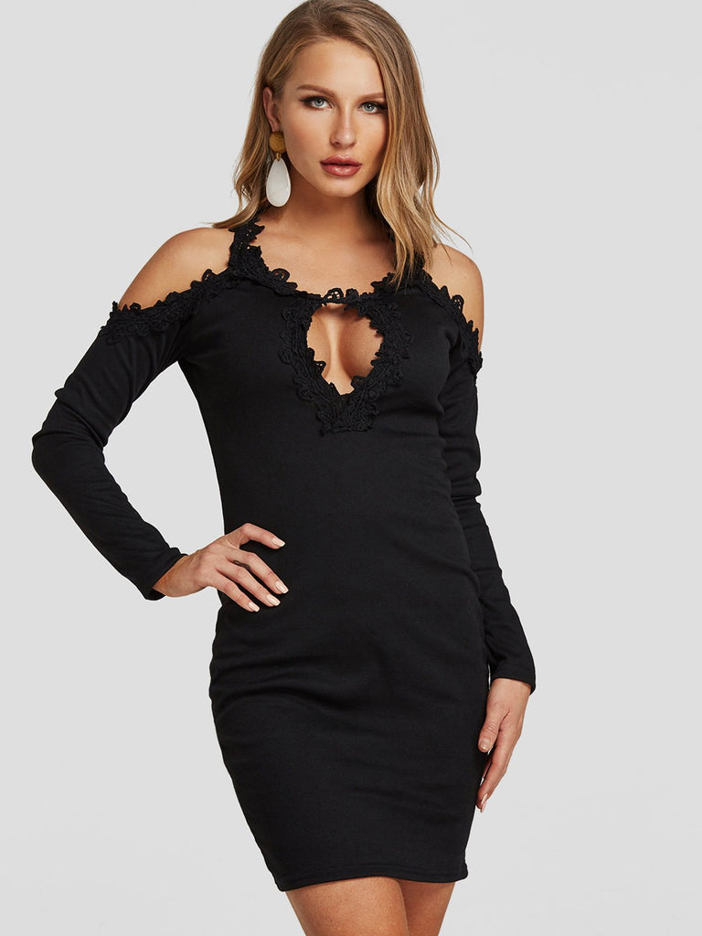 Black Cold Shoulder Long Sleeve Plain Lace Cut Out Sexy Dresses