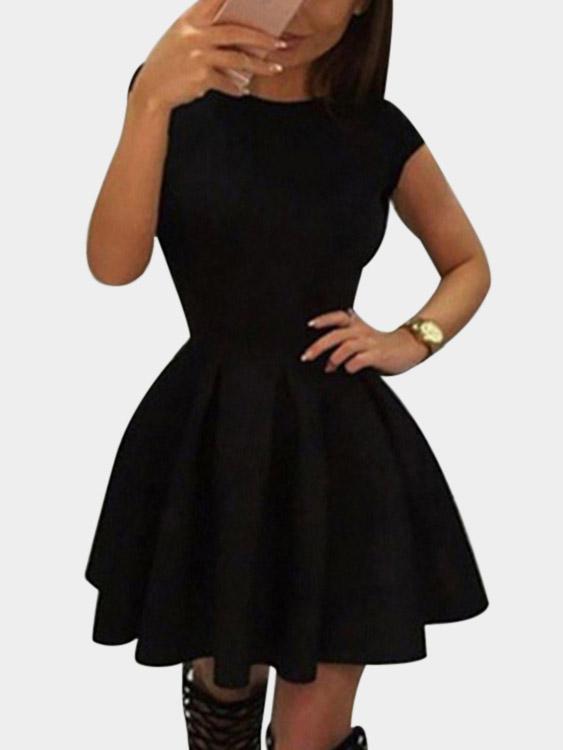 Black Round Neck Short Sleeve Backless Lace-Up Ruffle Hem High-Waisted Casual Dress