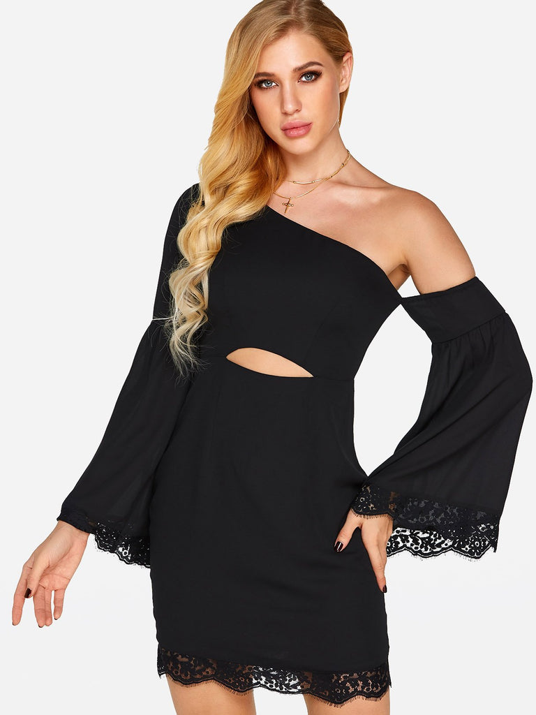 Black One Shoulder Long Sleeve Plain Lace Cut Out Sexy Dresses