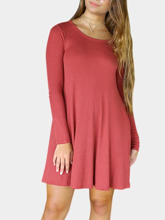 Pink Round Neck Long Sleeve Plain Casual Dresses