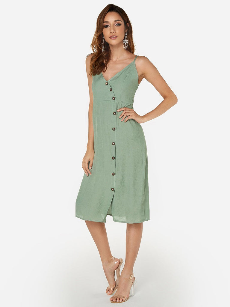 Green V-Neck Sleeveless Backless Slit Hem Dresses