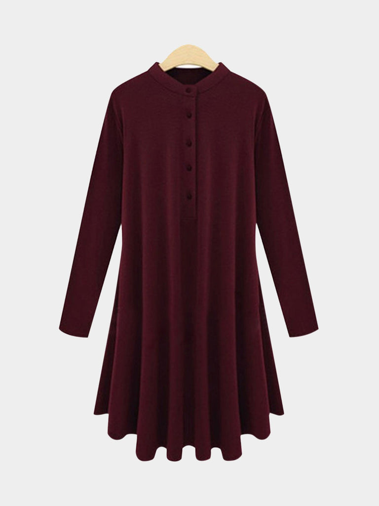 Crew Neck Long Sleeve Burgundy Casual Dresses