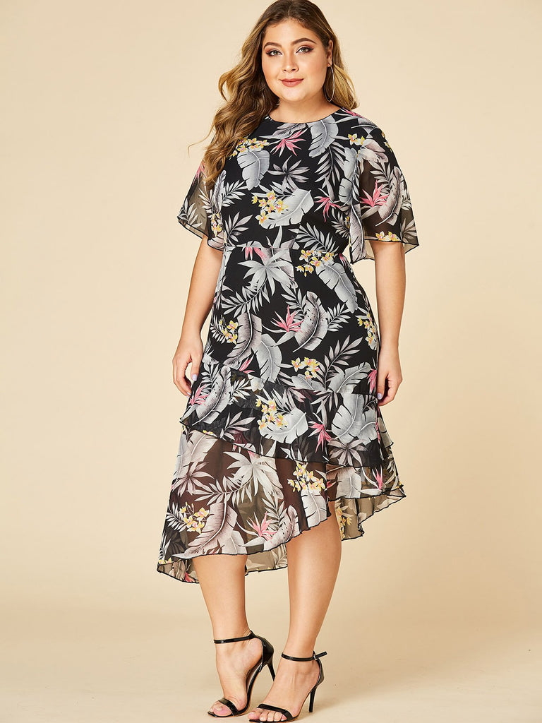 Round Neck Floral Print Ruffle Trim Half Sleeve Irregular Hem Black Plus Size Dress