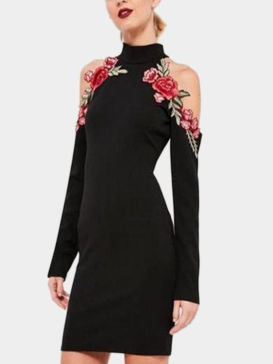 Black Halter Long Sleeve Embroidered Bodycon Sexy Dress