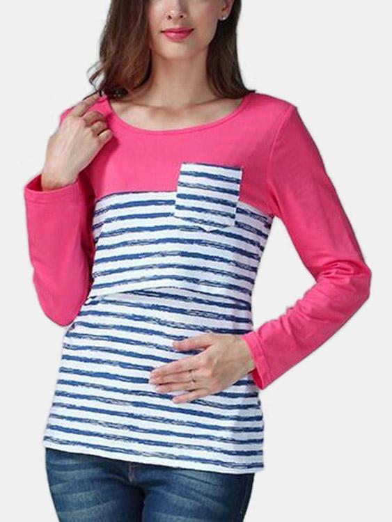 Stripe Pattern Side Stitching Nursing T-Shirts 