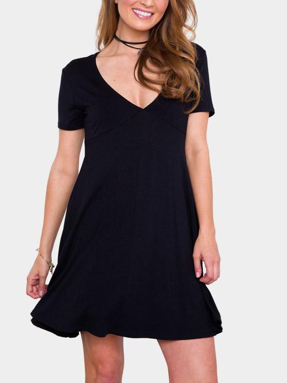 Black V-Neck Short Sleeve Casual Dress