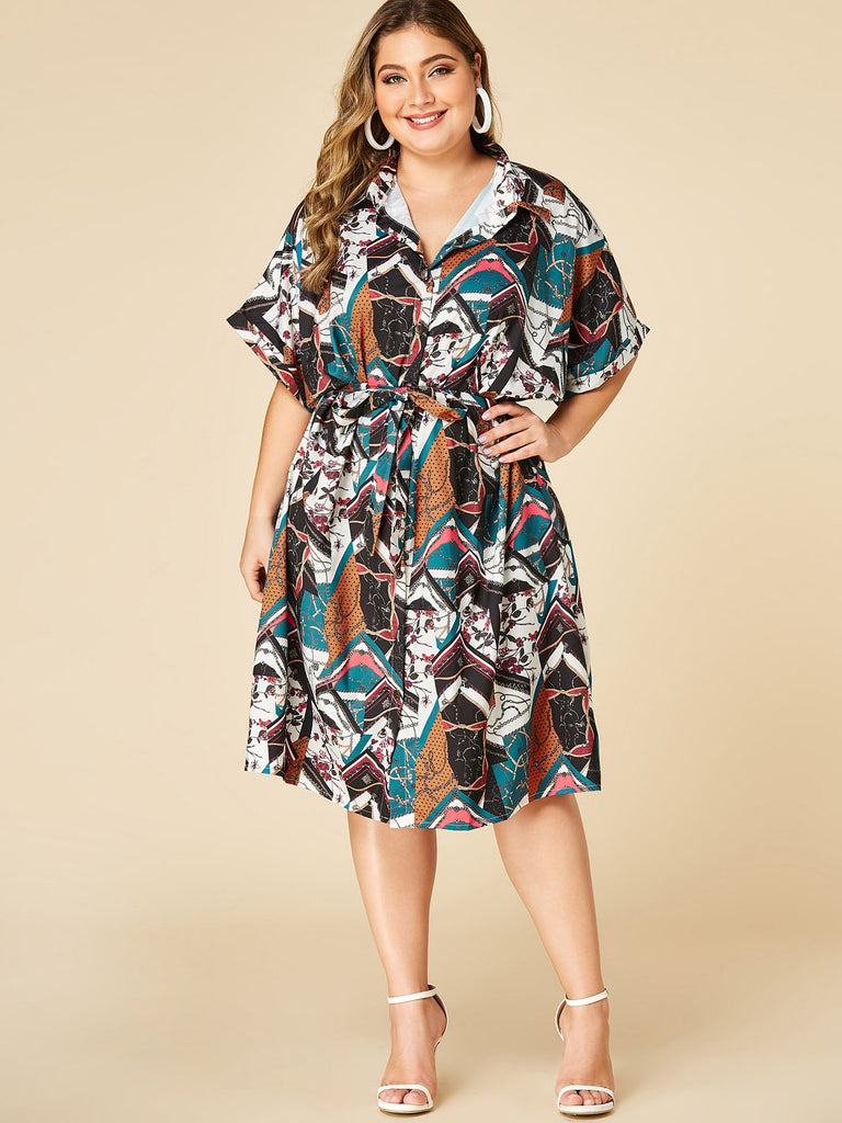 Lapel Collar Printed Self-Tie Half Sleeve Plus Size Dress