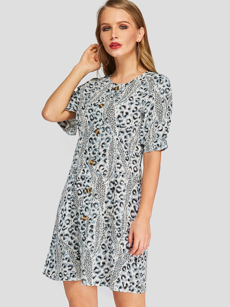 Round Neck Short Sleeve Leopard Casual Dress