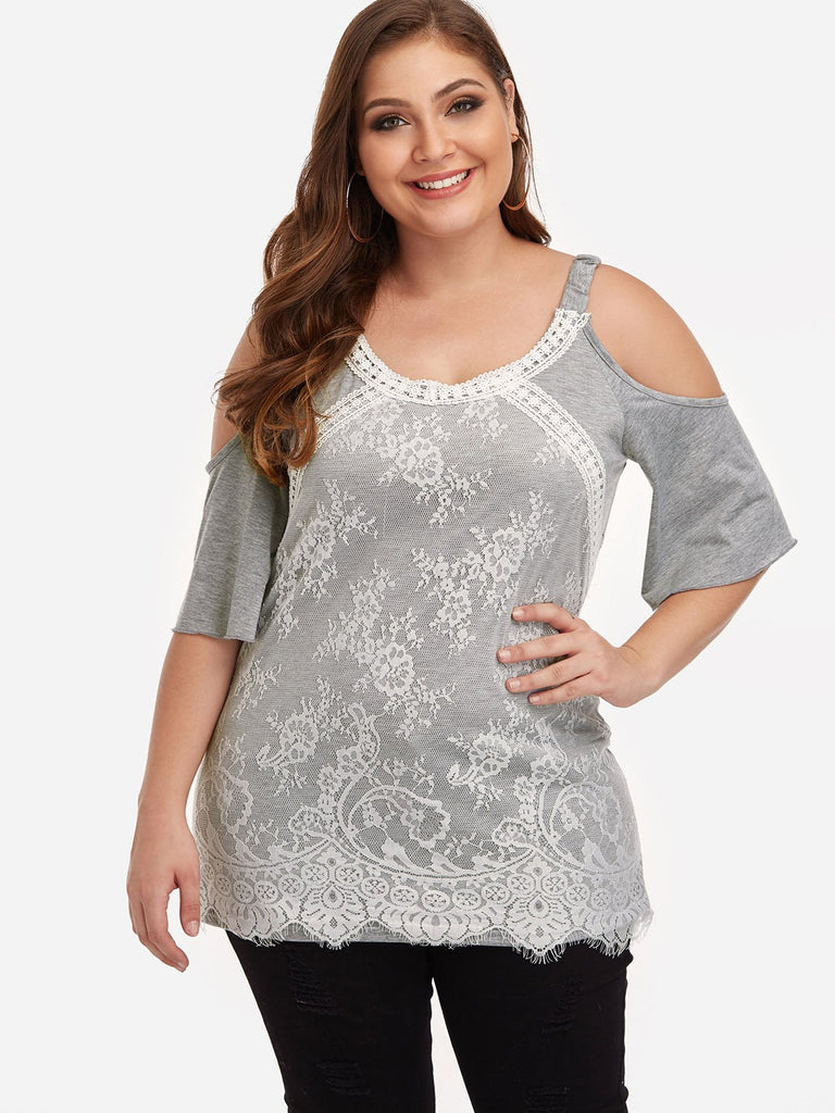 Round Neck Cold Shoulder Plain Lace Half Sleeve Grey Plus Size Tops