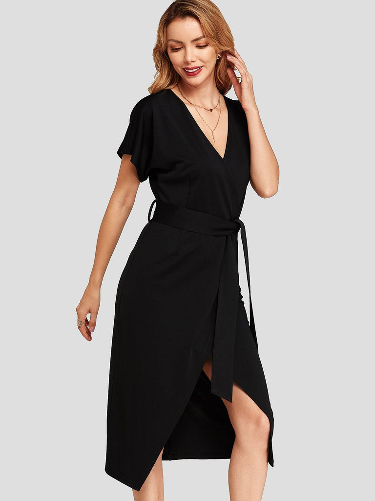 Black V-Neck Short Sleeve Plain Belt Self-Tie Wrap Slit Hem Dresses