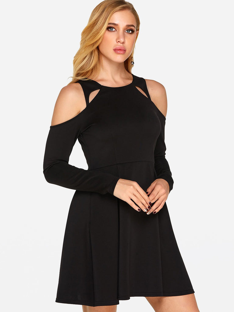 Black Round Neck Long Sleeve Plain Cut Out Sexy Dress