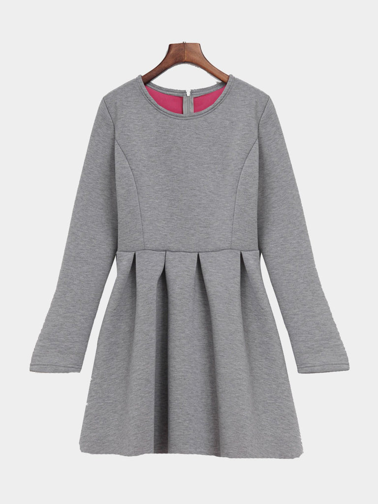 Grey Round Neck Long Sleeve Plain High-Waisted Casual Dress