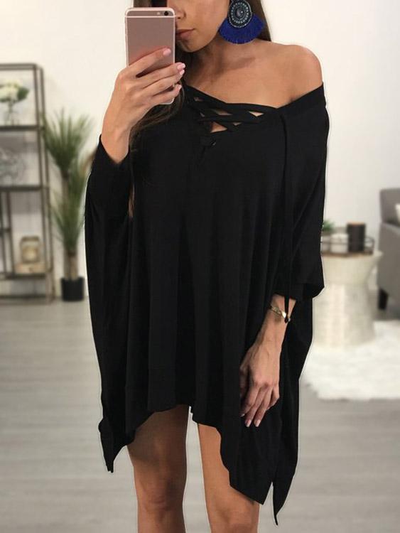 Black Off The Shoulder 3/4 Length Sleeve Lace-Up Slit Hem Mini Dress