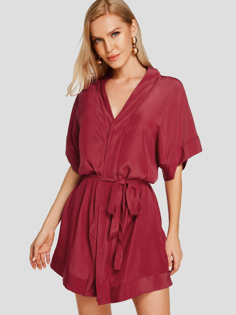 Burgundy V-Neck Half Sleeve Plain Crossed Front Belt Self-Tie Casual Dresses