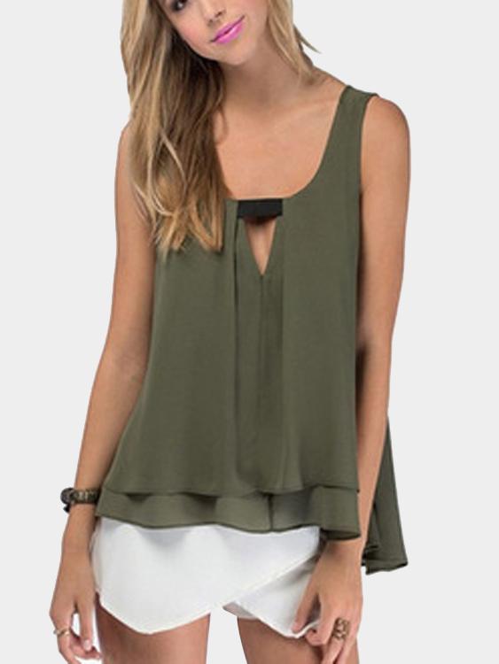 Round Neck Tiered Sleeveless Army Green Camis